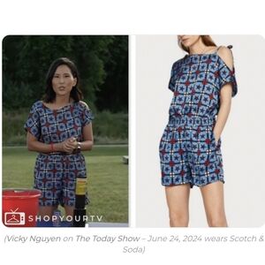 $185 Scotch & Soda Blue Patterned Cold-Shoulder Romper Size L